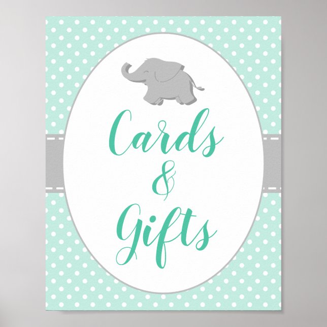 Baby Shower Mintgröna Elefantkort och present-skyl Poster (Framsidan)