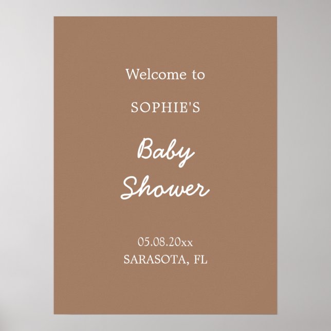 Baby Shower Mjuk Brun Välkomstaffisch Poster (Framsidan)
