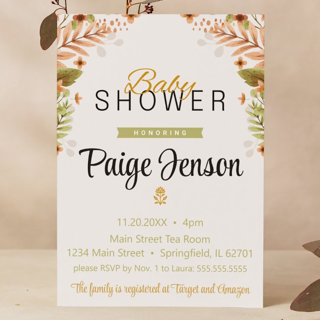 Baby Shower Modern Grönt och Brown Botanicals Inbjudningar (Baby shower green brown botanicals floral woodland fall script cursive font banner cute classic )