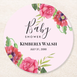 Baby Shower Modern Red Rosa Flowers på Ljus rosa Underlägg Papper Rund