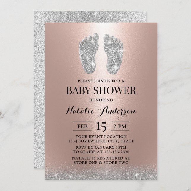 Baby Shower Modern Silver Glitter Feet Ro Guld Inbjudningar (Fram/baksida)
