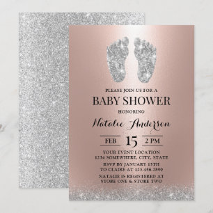 Baby Shower Modern Silver Glitter Feet Ro Guld Inbjudningar