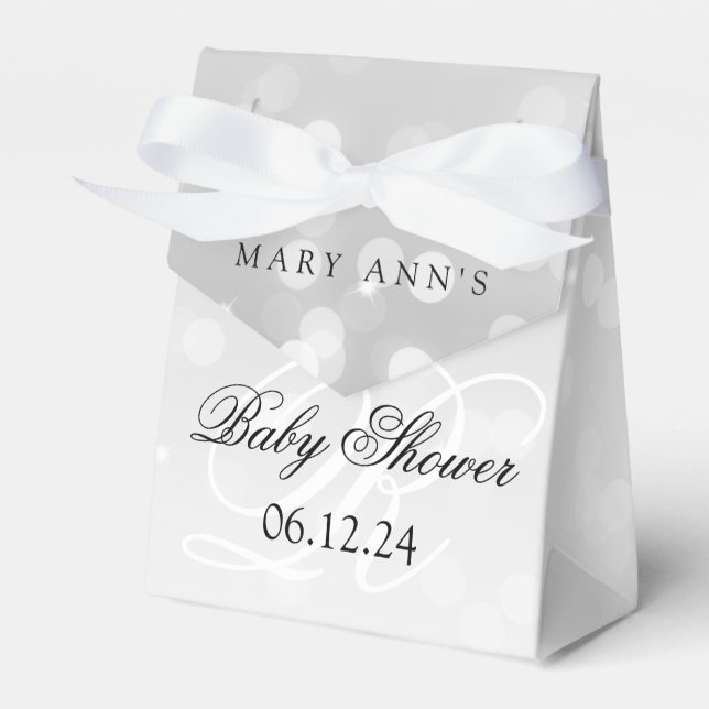 Baby Shower Monogram Silver Bokeh Gnistra Ljus Presentaskar (Framsidan Sidan)