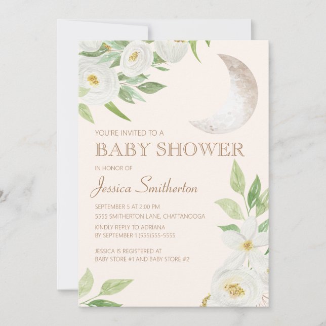 Baby Shower Moon Vit Blommig Gröna blad Inbjudningar (Framsida)