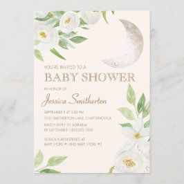 Baby Shower Moon Vit Blommig Gröna blad Inbjudningar