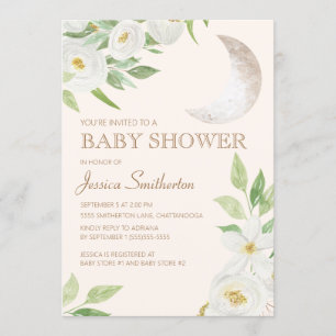 Baby Shower Moon Vit Blommig Gröna blad Inbjudningar