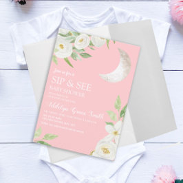 Baby Shower Moon Vit Blommig Rosa Sip See Inbjudningar