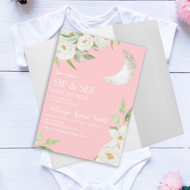 Baby Shower Moon Vit Blommig Rosa Sip See Inbjudningar (Skapare uppladdad)