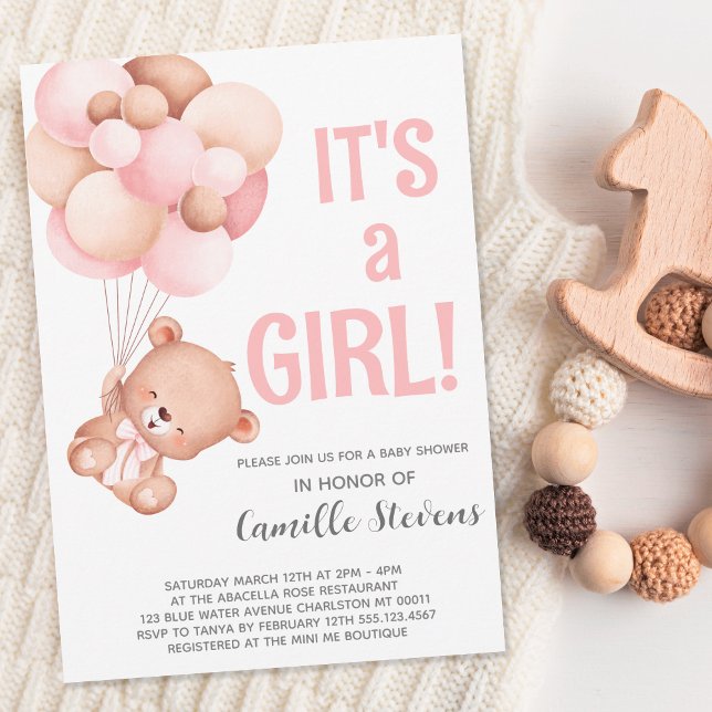 Baby Shower Nalle Balloon Girl Inbjudningar (Skapare uppladdad)