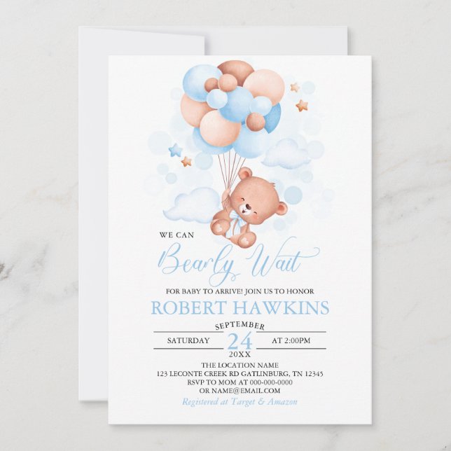 Baby Shower Nalle Blue Balloons Baby Shower Inbjudningar (Framsida)