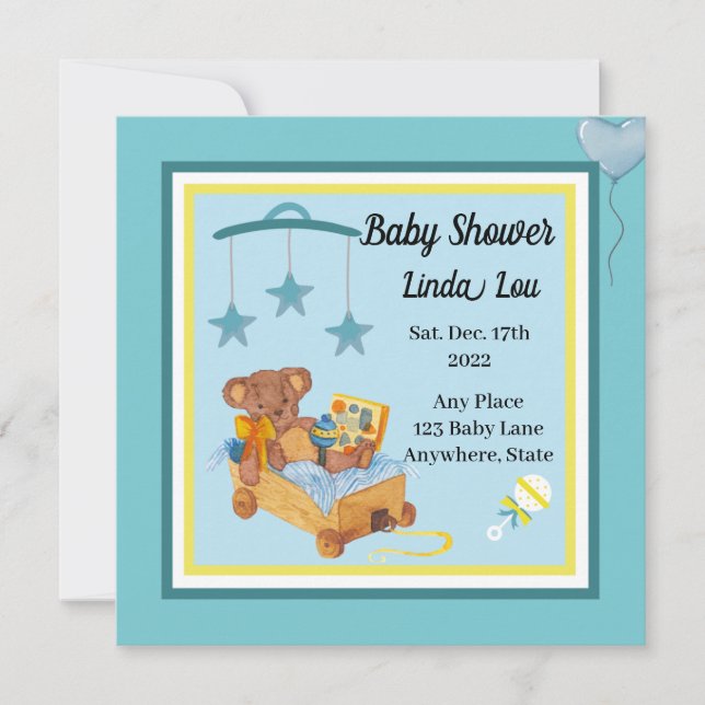 Baby Shower-Nalle Boy Blue Inbjudningar (Framsida)