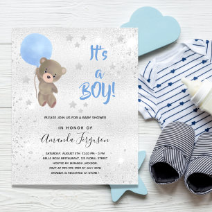 Baby Shower nalle boyblå silver inbjudan