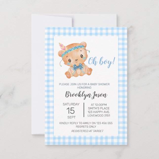 Baby Shower Nalle Oh Boy Blue Gingham Tack Kort (Framsida)