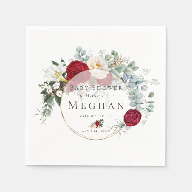 Baby Shower Napkins | Vibrant Red Peony Bouquet Pappersservett (Framsidan)