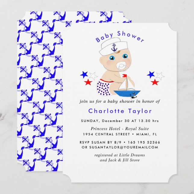 Baby Shower Nautical Boys Cute Sailor Blue Inbjudningar (Fram/baksida)