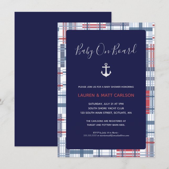 Baby Shower - Nautical, Preppy, Navy Inbjudningar (Fram/baksida)