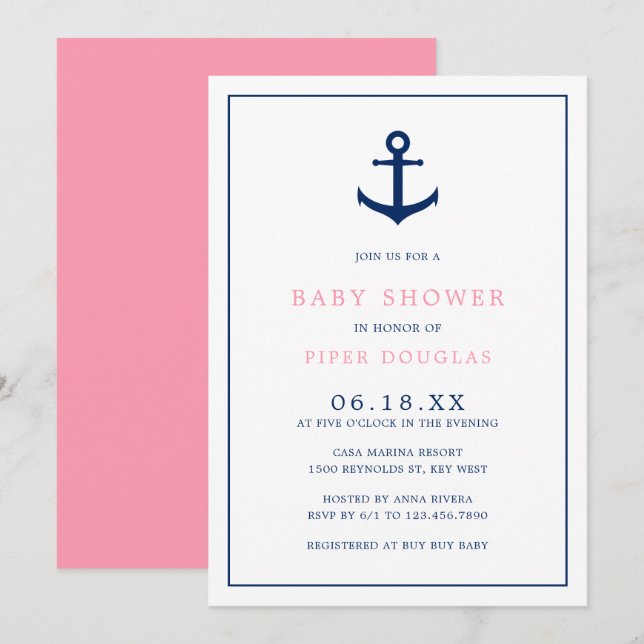 Baby Shower Nautical Rosa Blue Anchor Inbjudningar (Fram/baksida)