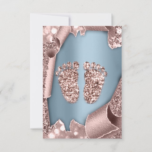 Baby Shower New Girl Boy Feet Glam Ro Blue 3D Inbjudningar (Baksida)