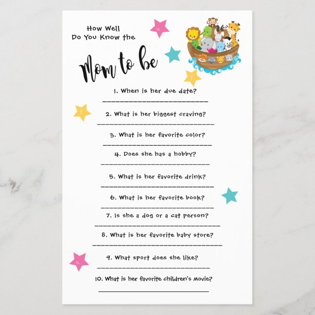 Baby Shower Noahs Ark Hur väl du känner till korte Flygblad (Framsidan)