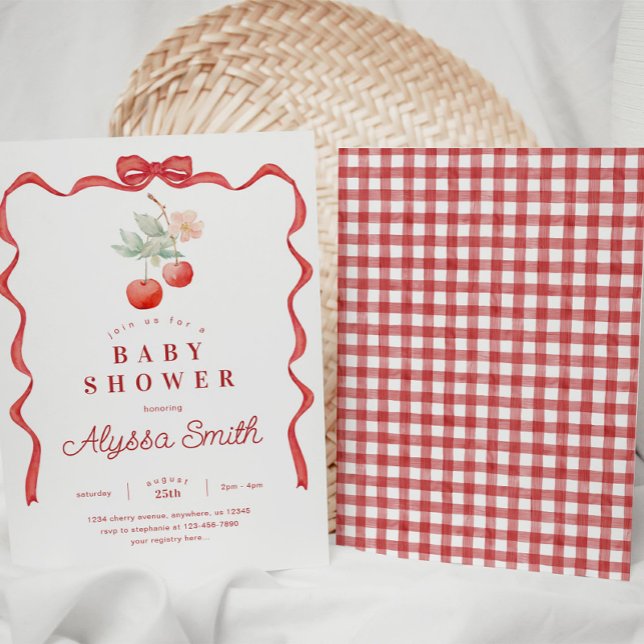 Baby Shower of Cherry and Red Ribbon Frame Inbjudningar (Skapare uppladdad)