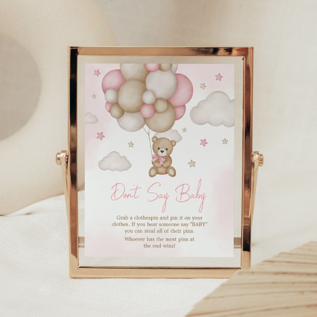 Baby Shower of Girl Bear Balloon Baby Shower Säg i Poster (Pink Boho Bear Balloon Baby Shower Don't Say Baby Sign)