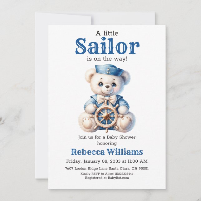 Baby Shower of Little Sailor Nautical Blue Bear Bo Inbjudningar (Framsida)