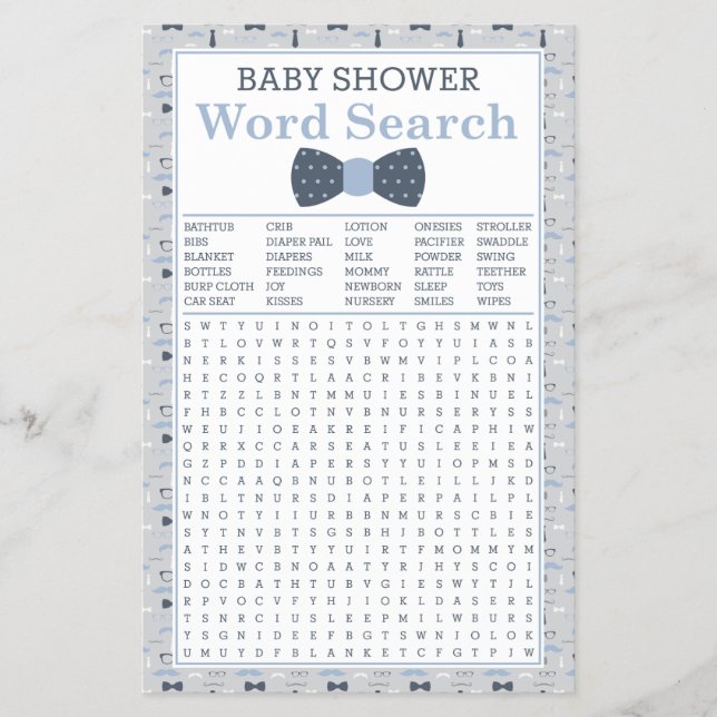 Baby Shower Ord Search, Blue, Grått Flygblad (Framsidan)