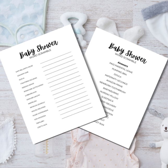 Baby Shower Ordspråk Scramblespel Brevhuvud (Baby Shower Word Scramble printable game details and answer sheet)