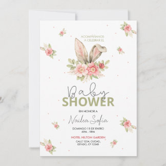 Baby Shower Orejas de Conejo Rosa y Flores Inbjudningar