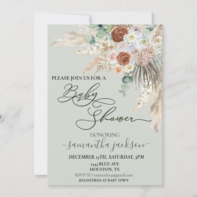 Baby Shower Pampas Gräs Boho Akvarell Inbjudningar (Framsida)