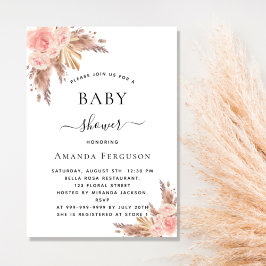 Baby shower pampas gräs rose gold rosa blommig inbjudningar