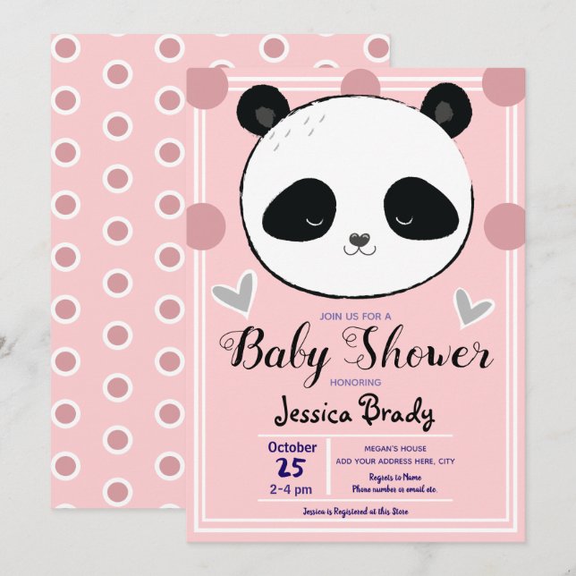 Baby Shower Panda Ansikte och Rosa Polka dots Inbjudningar (Fram/baksida)