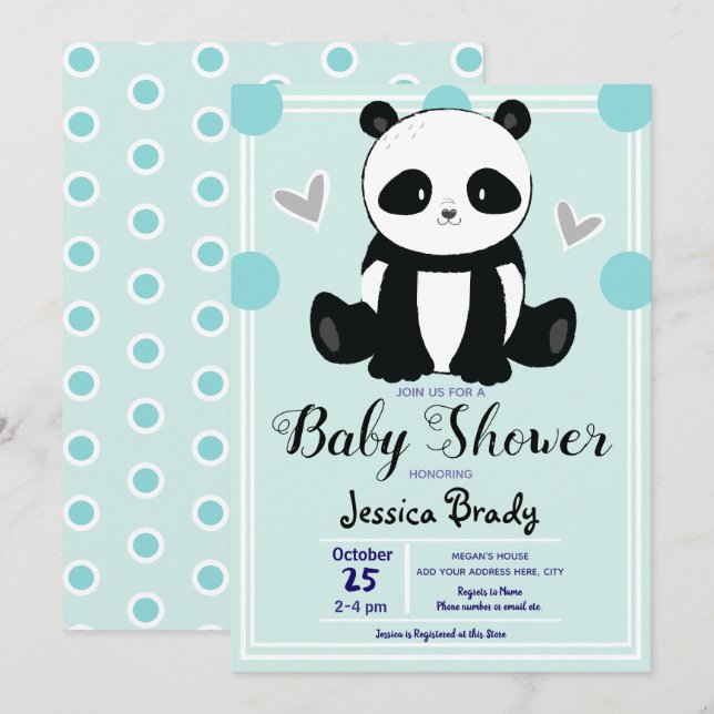 Baby Shower Panda Sitta och Blue Polka dots Inbjudningar (Fram/baksida)