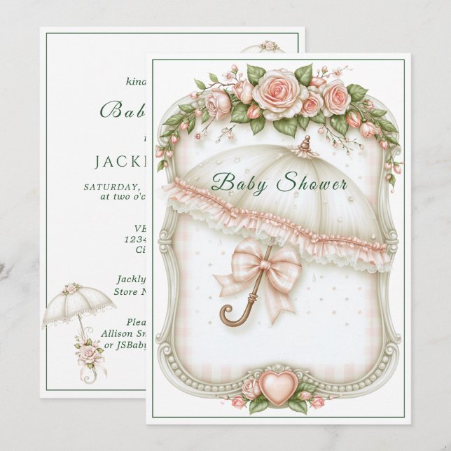 Baby Shower Paraply Regndroppar Rosa Rosor Inbjudningar (Fram/baksida)
