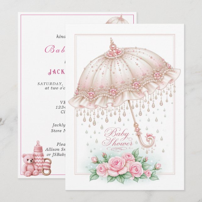 Baby Shower Paraply Regndroppar Rosa Rosor Inbjudningar (Fram/baksida)
