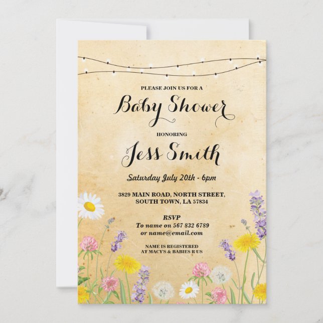 Baby Shower Party Rustic Vild Flowers Cute Inbjuda Inbjudningar (Framsida)