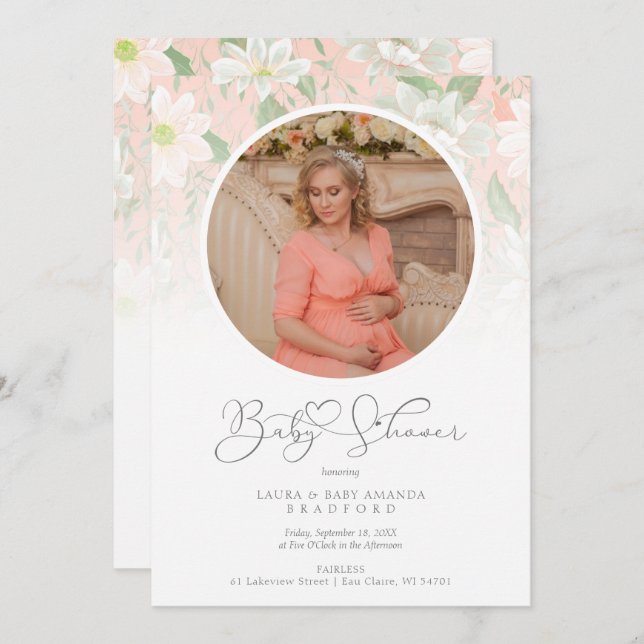 Baby Shower Peach Floral Botanical Photo (Fram/baksida)