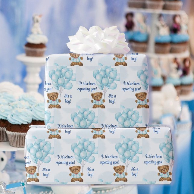 Baby Shower Personalize Text & Namn Nalle Boy Presentpapper (Skapare uppladdad)