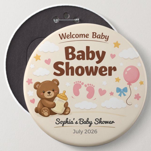 Baby Shower Pin | Welcome Baby | Teddy Bear Knapp (Framsida & baksida)