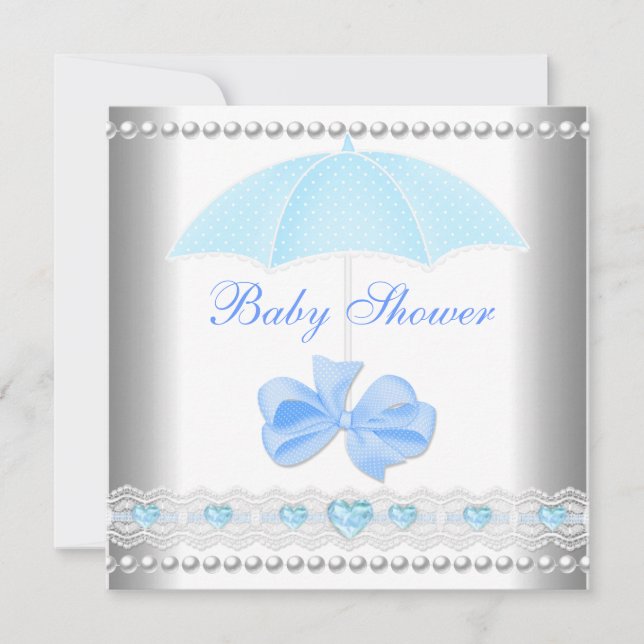 Baby Shower Pojke Baby Blå Paraply Inbjudningar (Framsida)