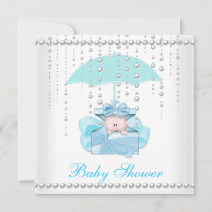 Baby Shower Pojke Baby Blå Paraply Pärl Vit Inbjudningar