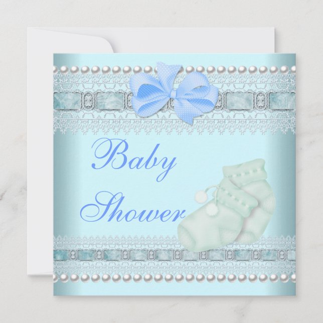 Baby Shower Pojke Baby Blå Strumpor Pärl Lace Inbjudningar (Framsida)