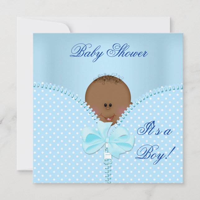Baby Shower Pojke Baby Blå Vit Prickar Inbjudningar (Framsida)