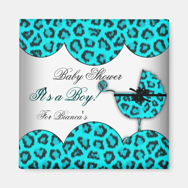 Baby Shower Pojke Baby Leopard Blå Barnvagn Magnet (Framsidan)