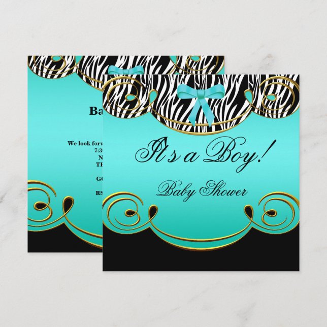 Baby Shower Pojke Baby Teal Blå Svart Zebra Inbjudningar (Fram/baksida)