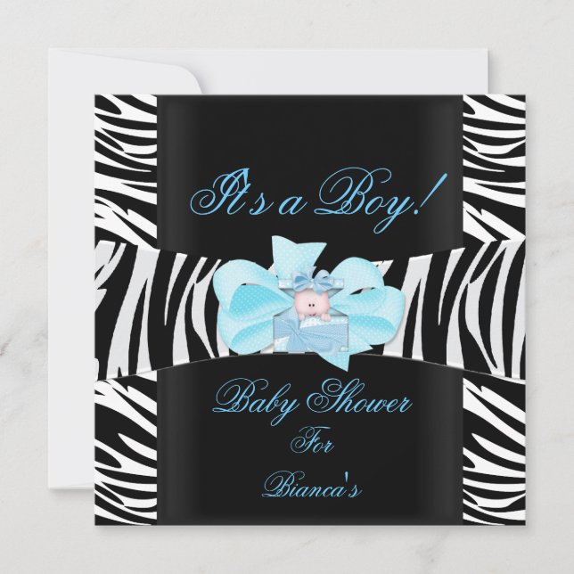 Baby Shower Pojke Babyblå Svart Vit Zebraprint Inbjudningar (Framsida)
