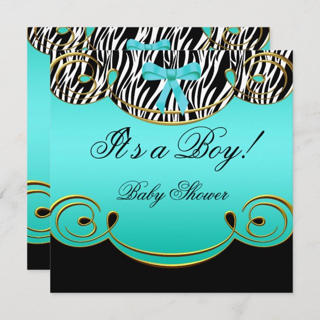 Baby Shower Pojke Bebis Teal Blå Svart Zebra Inbjudningar (Fram/baksida)