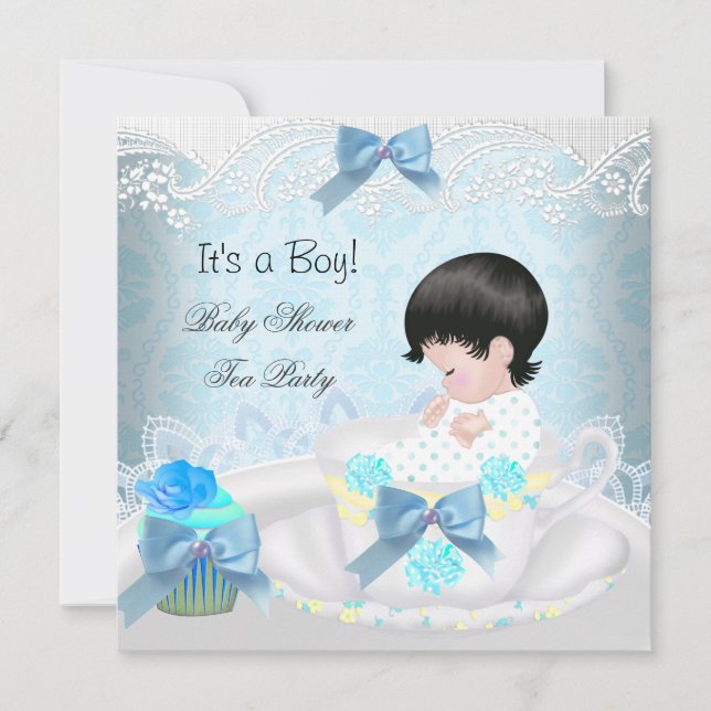 Baby Shower Pojke Blå Baby Tekopp Cupcake Inbjudningar (Framsida)