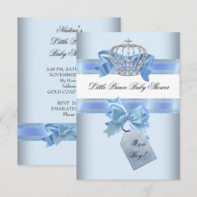 Baby Shower Pojke Blå Lille Prins Krona bow sml Inbjudningar (Fram/baksida)