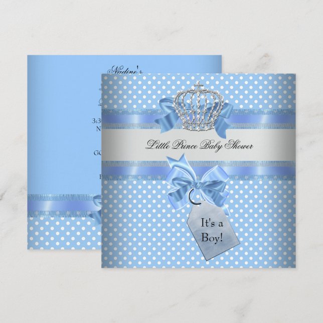 Baby Shower Pojke Blå Lille Prins Krona Inbjudningar (Fram/baksida)